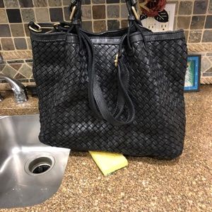 Black leather braided tote   16 x 12